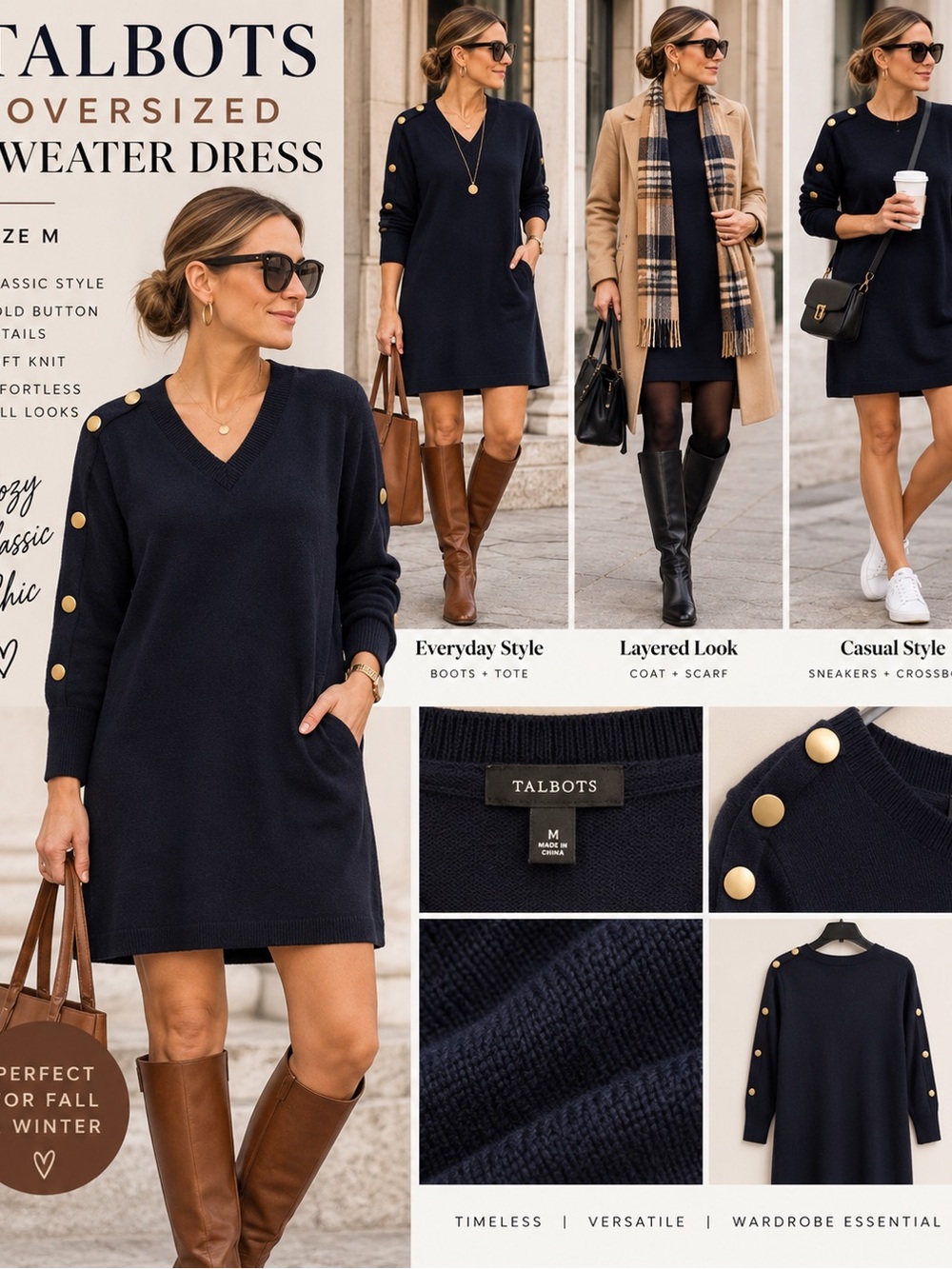 Talbots Navy Sweater Dress with Gold Shoulder Buttons